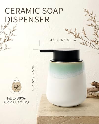 BosilunLife Ceramic Soap Dispenser - Dish Soap Dispenser for Bathroom 12Oz - color: White With Blue-green Rim