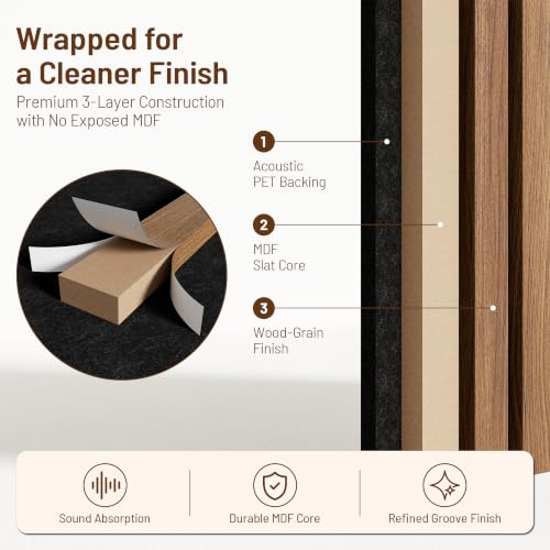 Amsleekey 2-Pack 94.5″x12.6″ Acoustic Wood Slat Wall Panels, 4 Hooks, Teak - color: Teak, size: 94.5 x 12.6 in - 2 pcs