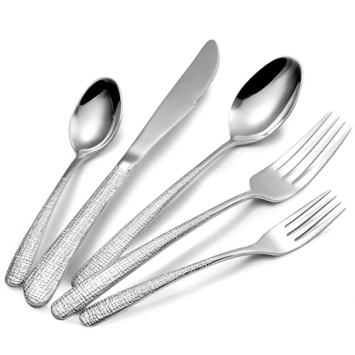 20pcs Silverware Set for 4, 18/10 Stainless Steel Material Flatware Set, High-grade Luxury Unique Texture Cutlery Set, Mirror Polished Utensil Set, Sturdy Durable Spoons and Forks Set, Dishwasher Safe - color: Hammered Silver 20pcs