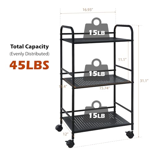 SunnyPoint 3-Tier Rolling Utility Cart – Metal Storage Organizer with Wheels, Mobile Kitchen Cart, Office & Home Organizer, Black, 12" D x 16.92" W x 31.1" H - color: Blk