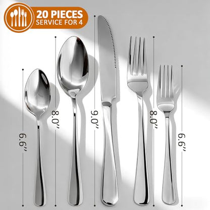 20 Piece Silverware Set, Kitchen Utensils Set for Restaurant & Home, Stainless Steel Cutlery Set, Flatware Set include Forks, Knives, Spoons, Household Essentials for New Home, Silver - color: Silver