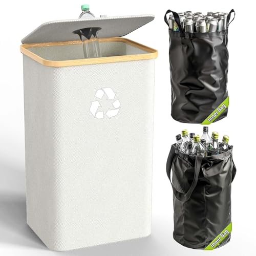 Recycling Bin for Kitchen Indoor Home,Beige Color Large 100L/ 26 Gallon Recycle Bin with Lid Removeable Reusable Inner Bag Bottle Can Glass Waste Plastice Stickers - size: White-26Gallon