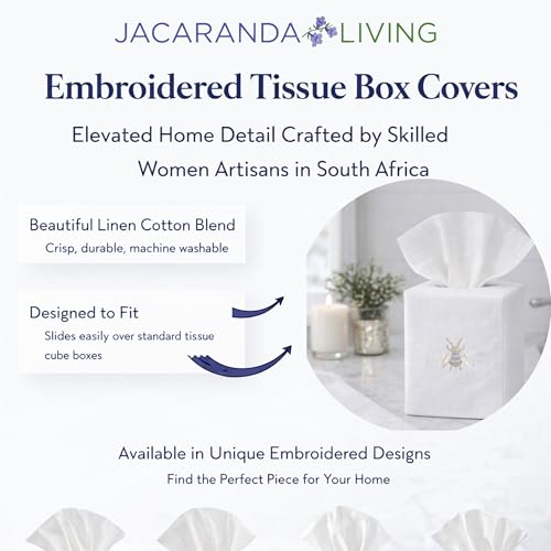 Jacaranda Living Square Tissue Box Cover, Linen/Cotton Fabric Tissue Holder, Decorative Cloth Tissue Cube Cover, Embroidered Bee Designs, Napoleon Bee Wreath (Cream) - color: Napoleon Bee Wreath (Cream)