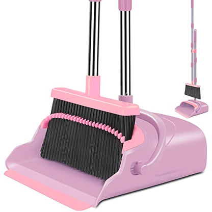 Broom and Dustpan Set for Home, Office, Indoor&Outdoor Sweeping, Stand Up Broom and Dustpan (Pink) - color: Pink