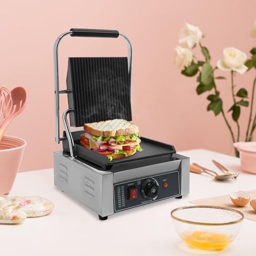 1800W Single Head Commercial Sandwich Maker, Electric Stainless Steel Panini Press Grill Machine, Non Stick Cooking Plate Countertop Sandwich Panini Griller for Restaurant Cafe Kitchen Use