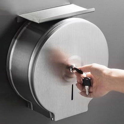 Commercial Jumbo Toilet Paper Dispenser with Shelf, Brushed Stainless Steel Toilet Paper Holder Wall Mount, 9 Inch Bathroom Tissue Roll Dispenser with Lock Key - color: Brushed Silver With Shelf