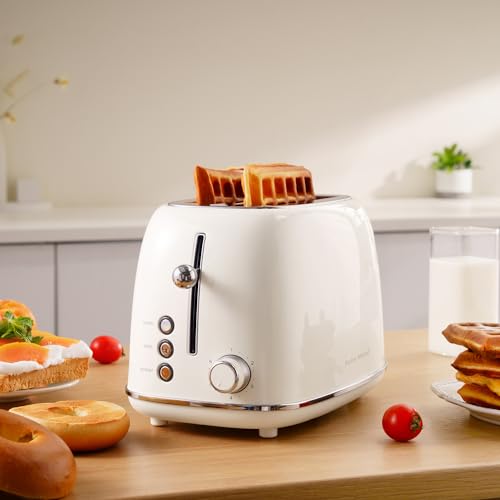Roter Mond 2 Slice Toaster Retro Stainless Steel with Bagel, Cancel, and Defrost Functions, 6 Bread Shade Settings, Extra Wide Slots and Removable Crumb Tray, Cream - color: Cream