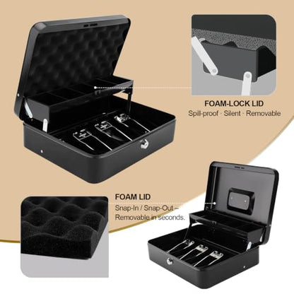 Cash Box with Money Tray and Key Lock,Safe Box for Cash Saving Key Lock Money Organizer,Cash Drawer, 11.8" x 9.5" x 3.5", K-Black - color: K-Black