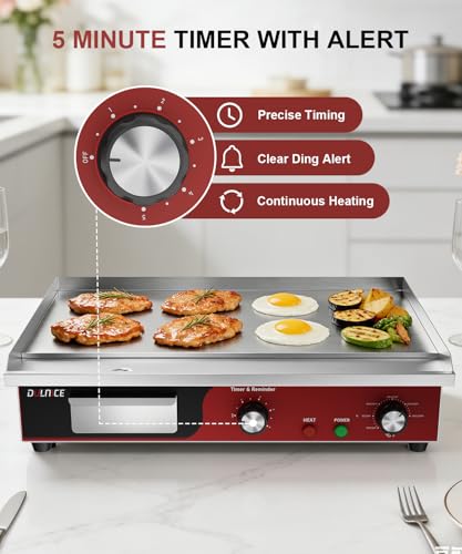 22" Commercial Electric Griddle 1500W, Flat Top Grill with 5-Min Reminder Timer, Adjustable Temp Control (122°F-572°F), Stainless Steel Countertop Griddle for Restaurant & Home Kitchen - size: 22"