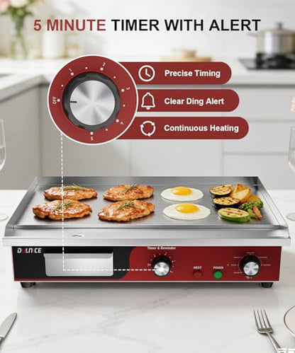 22" Commercial Electric Griddle 1500W, Flat Top Grill with 5-Min Reminder Timer, Adjustable Temp Control (122°F-572°F), Stainless Steel Countertop Griddle for Restaurant & Home Kitchen - size: 22"