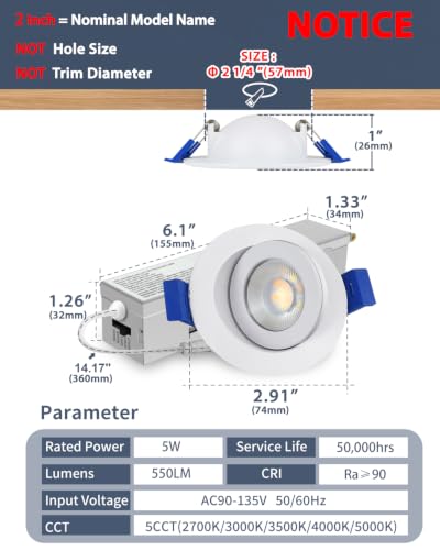 Aosclex 1 Pack 2 Inch Adjustable Gimbal 5CCT Recessed LED Light 5W 550LM - color: White-2inch, size: 1 Pack