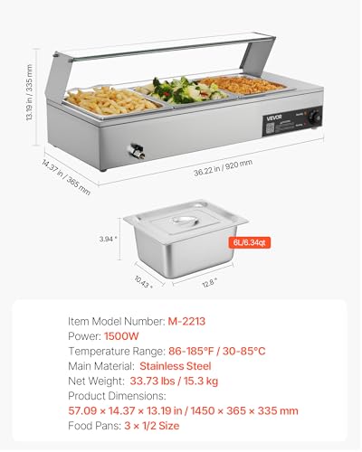 VEVOR Commercial Food Warmer, 1500W Electric Stainless Steel Steam Food Warmer with Glass Cover, Countertop Buffet Bain Marie with Three 1/2 Size Food Pans, for Catering, Restaurant, Party & Buffets - size: 3*1/2Pan