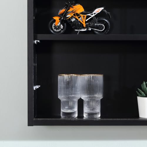 HOMCOM 5-Tier Wall Mounted Display Cabinet Glass Doors Black - color: Black