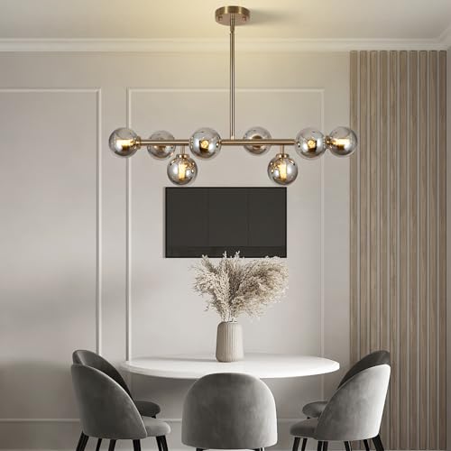 Sputnik Chandelier Gold Pendant Linear Light Modern Mid Century Light Fixture Grey Globe Shade for Dining Living Room Kitchen Island 8-Light - color: Grey-31in