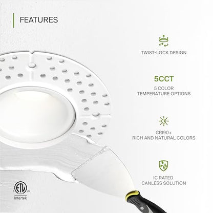 ASD 1 Inch Trimless LED Recessed Ceiling Light Fixture, Mud-in Canless Downlight with Junction Box, 5CCT Selectable 2700K-5000K, 7W 498 Lumens, CRI90+, Anti-Glare, Dimmable, IC & Wet Rated, ETL - color: White 1 Pack, size: 1" 7 Watt