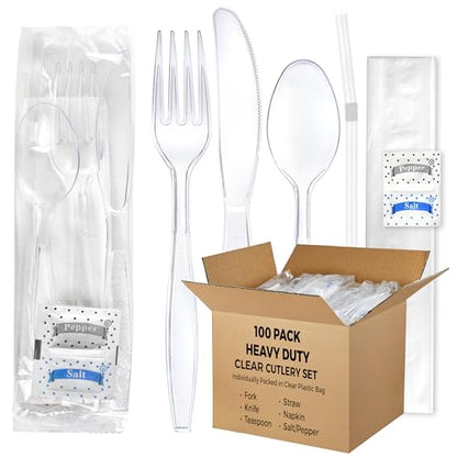 KitchenDine 100 pack | Clear Heavy Duty Plastic Disposable Cutlery Set | 6 in 1 Utensil Set with Fork, Spoon, Knife, Napkin, Straw, Salt/Pepper Packets - color: Clear