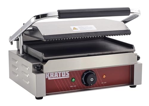 Kratos Commercial Panini Sandwich Grill Grooved Top w/Smooth Bottom Plate - size: Medium w/ Smooth & Grooved Plates