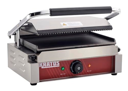 Kratos Commercial Panini Sandwich Grill Grooved Top w/Smooth Bottom Plate - size: Medium w/ Smooth & Grooved Plates