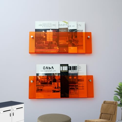 2 Pack Orange Acrylic Magazine Holder, Wall Mount Hanging Bookshelf Literature Storage Rack, Brochure File Display Shelf for Waiting Room, Living Room, Office, Home - size: Orange 17 Inch