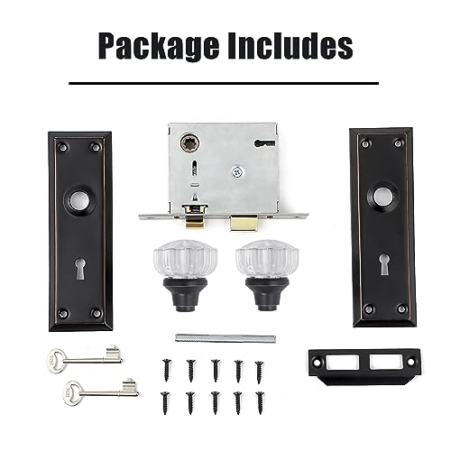 Mortise Lock Set for Interior Door, Crystal Glass Door Knobs with Lock and Skeleton Key, Old Door Knob Replacement, Vintage Antique Door Handle,Classic Oil Rubbed Bronze Finish - color: Oil Rubbed Bronze, size: Mortise(1 Pack)