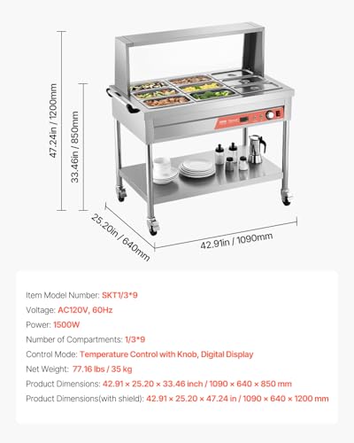 VEVOR 9-Pan Commercial Food Warmer, 9 x 1/3 Pans Electric Steam Table, 1500W Professional Buffet Catering Food Warmer with Shield Undershelf Wheels, Stainless Steel Server for Party Restaurant - size: 9-Pan