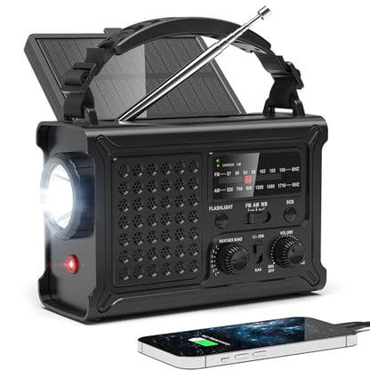 NOAA Emergency Weather Radio, 12000mAh Portable AM/FM, Hand Crank & Solar - color: Black