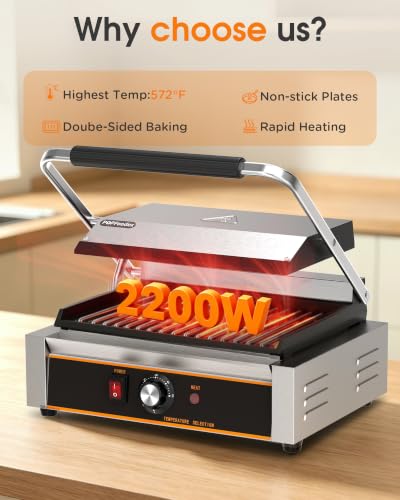 Commercial Panini Press - 2200W Electric Panini Sandwich Grill w/Nonstick Coating & Adjustable Temp, Stainless Steel, Panini Grill Press w/14"x9" Cooking Pan (Full Flat),Double-sided Heating - style: 14"x9" Smooth Plates