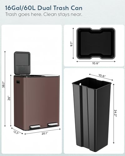 Arlopu 16Gal Dual Trash Can w/2 Built-in Box for Odor Control - color: Brown
