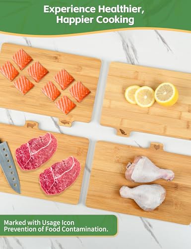 Bamboo Cutting Board Set with Meatal Stand, Lexda 4PCS Eco-Friendly Labeled Tabs Cutting Board, Durable Cutting Boards Kitchen For Chopping Fruit, Meat, Cheese, Veggies - 11" x 8"