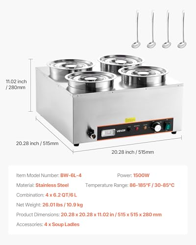 VEVOR Electric Soup Warmer, Four 6.34QT Stainless Steel Round Pot with 86~185°F Adjustable Temp, 1500W Commercial Bain Marie with Anti-Dry Burn and Reset Button, Soup Station for Restaurant, Buffet - size: 4×6L Pots