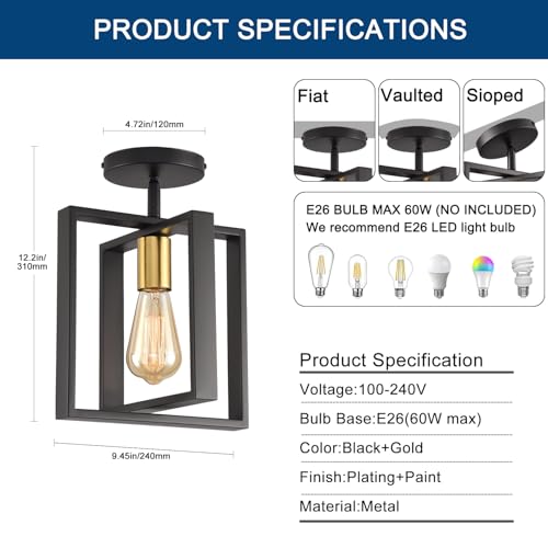 2 Pack Semi Flush Mount Ceiling Light,Black Metal Frame Ceiling Light Fixture with Golden Lamp Cup, Farmhouse Light Fixture for Kitchen Island Entryway Porch Foyer - color: Black Gold