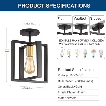 2 Pack Semi Flush Mount Ceiling Light,Black Metal Frame Ceiling Light Fixture with Golden Lamp Cup, Farmhouse Light Fixture for Kitchen Island Entryway Porch Foyer - color: Black Gold