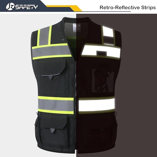JKSafety Hi-Vis Unisex Surveyor Safety Vest Heavy Duty PPE Inner Pockets ANSI/ISEA Compliant - color: 188-black, size: XX-Large