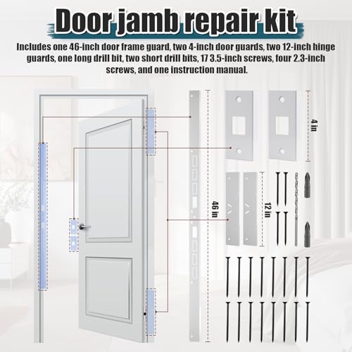 46" Jamb Repair Kit for Interior Doors,Door Reinforcement,Frame & Hinges Door Lock Security, Anti Kick in Heavy Duty Striker Plate Kit for Door Jamb Frame (White) Ultimate Door Protection - color: White