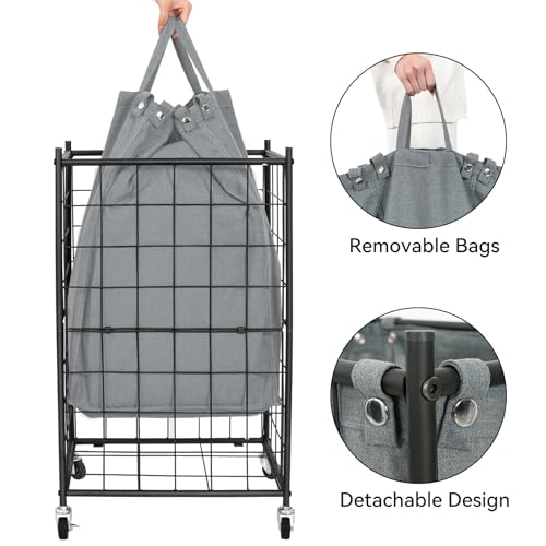 WOWLIVE Rolling Laundry Basket, Metal Wire Frame Laundry Hamper with Wheels - color: Grey, size: 100l