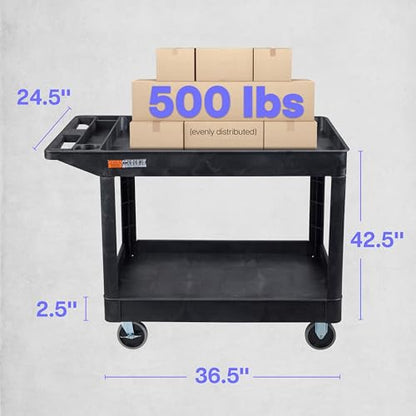 Tubstr Extra Large Two-Shelf Utility Cart with Heavy-Duty Wheels | 500 lb. Capacity Rolling Utility & Tool Cart for Warehouses, Industrial Settings, Auto Garages, & More (Black, 45.5 x 24.5) - color: Black