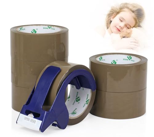 BOMEI PACK 6 Rolls Silent Brown Packing Tape, 1.88" x 60 yds,Heavy Duty Packaging Carton Tape for Shipping Packaing Moving Sealing, 2.4mil Thickness, 60 Yards Per Roll with Blue Dispenser - color: Brown