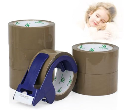 BOMEI PACK 6 Rolls Silent Brown Packing Tape, 1.88" x 60 yds,Heavy Duty Packaging Carton Tape for Shipping Packaing Moving Sealing, 2.4mil Thickness, 60 Yards Per Roll with Blue Dispenser - color: Brown