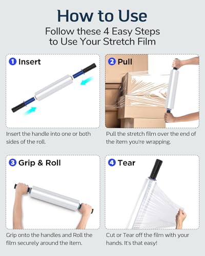 FugaCity Stretch Wrap Film-15 in 1000 FT 60 Gauge Shrink Wrap for Furniture Wrapping Shipping, Moving Supplies Clear Plastic Wrap, Heavy Duty Industrial Strength,500% Stretch(4 Roll with Handles) - size: 4 Pack(with Handles)