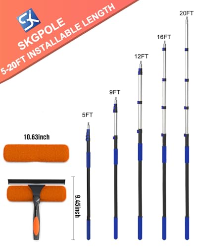 26FT Reach Window Squeegee for Window Cleaning Kit with 5-20 Foot Telescoping Extension Pole, 2 in 1 Window Squeegee, Cobweb Duster, Dust Kit Window Washing Kit for Car, Shower Glass Door