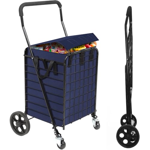 Collapsible Grocery Shopping Cart with Waterproof Liner, 360° Swivel Wheels Foldable Utility Cart 66lb Capacity & Extended Foam Handle - for Laundry, Supermarket, Travel (Medium) - color: Black+blue Bag