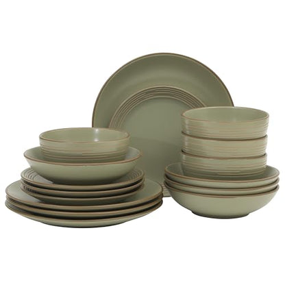 Gibson Home Chiswick House 16-Piece Stoneware Dinnerware Set, Round Plates and Bowls Set for 4, Green with Wax Relief Embossed Rim Detail, Dishwasher Safe – Dinner Plate, Salad Plate & Cereal Bowl - color: Green w/ Wax Relief Embossed Rim (Chiswick House)