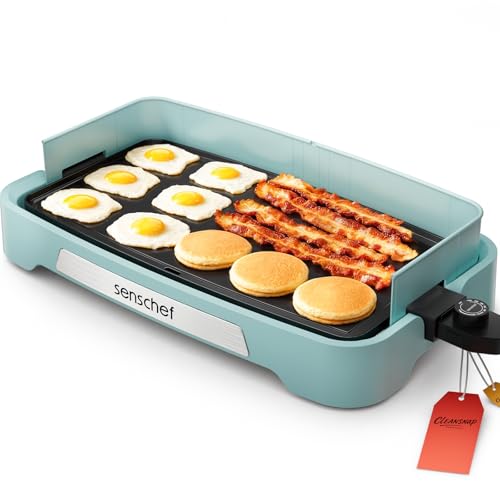 Cleansnap Everyday Electric Griddle,The Ultimate Gift for Family Feasts - 20” Nonstick Grill with Foldable Anti-Mess Shield, Rapid 1700W Heat & PPG Ceramic Coating, Dishwasher Safe, Saga Blue - color: Saga Blue