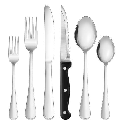 24-Piece Silver Silverware Set with Steak Knives Stainless Steel Flatware Set for 4 Food Grade Tableware Cutlery Set Rust-proof, Mirror Polished, Dishwasher Safe - size: 24Pcs-B