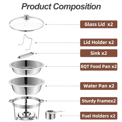 2 Packs 8QT Round Chafing Dish for Buffet Set,Glass Lid, Silver - color: Silver-002