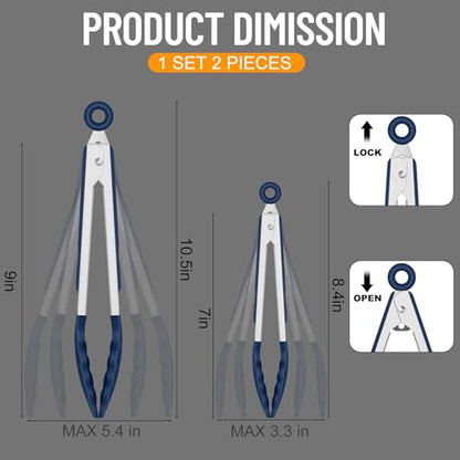 HOTEC Stainless Steel Kitchen Tongs with Silicone Tips, Set of 2-7" and 9" - color: Classic Blue:9+7inch