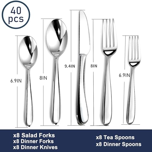 Heavy Duty Silverware Set for 8, Stainless Steel Flatware Cutlery Set - size: 40 Piece, style: Heavy Duty