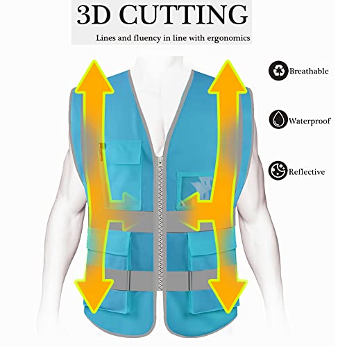 HYCOPROT High Visibility Safety Reflective Vest with Pockets and Zipper, Meets ANSI/ISEA Standards - color: Sky Blue-knit, size: X-Large