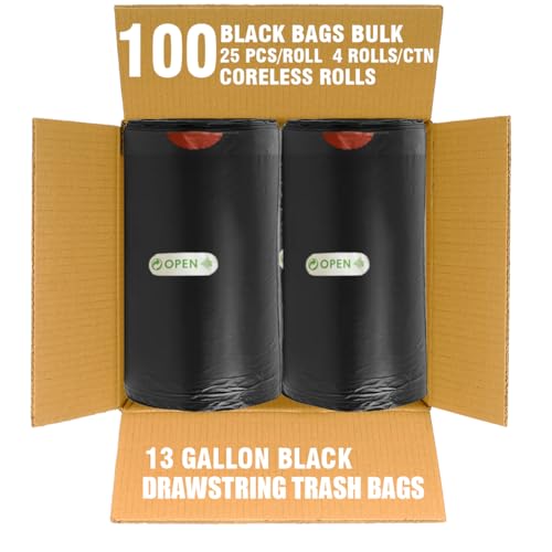 BEIDOU-PAC 13 Gallon Trash Bags Drawstring, 100 Count Bulk, Black & Unscented Garbage Bags, Multi-purpose Tall Kitchen Trash Bags Can Liners for Business Home Commercial and Industrial - style: 13 Gallon |100 Count
