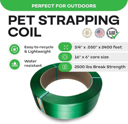 IDL Packaging 3/4" x .050" x 2400' Polyester (PET) Strapping Roll of 16" x 6" Core Size, 2500 lbs Break Strength, Green - UV, Water, and Rust Resistance - Affordable and Lightweight Poly Strapping - size: 3/4W" x 2400L' (2500 lbs BS)